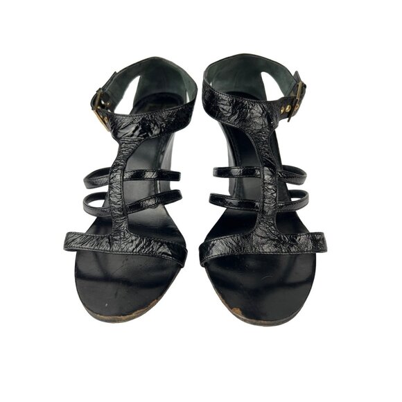 Givenchy Black Patent Crinkled  Leather  Open Toe Wedges size 7 - Picture 1 of 13